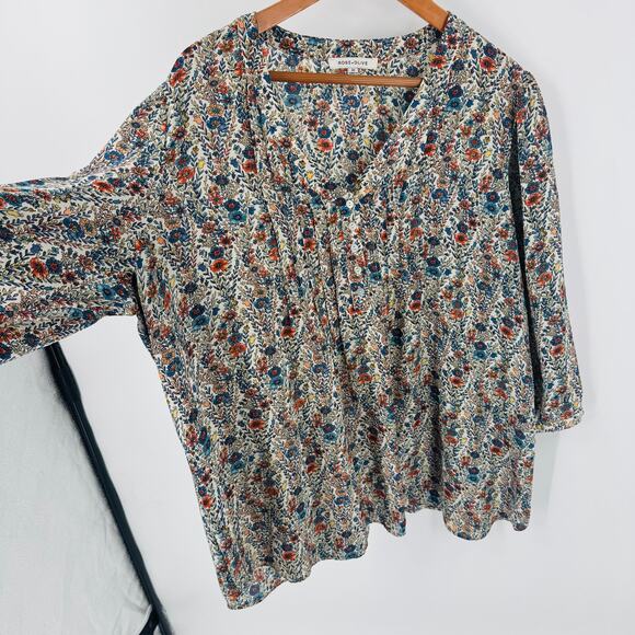Rose + Olive Floral Print Button Front Blouse Size 2X Boho Floral Flowy Festival - Picture 7 of 8